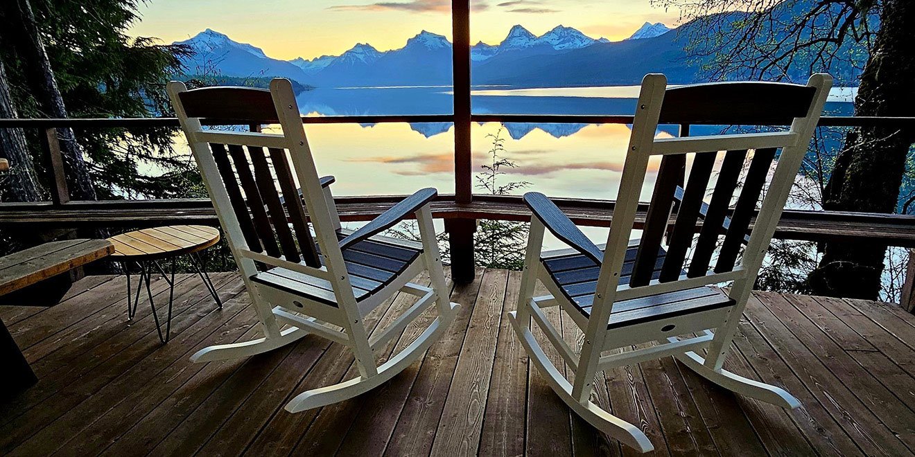 Rocking Chairs on Deck Overlooking Lake McDonald